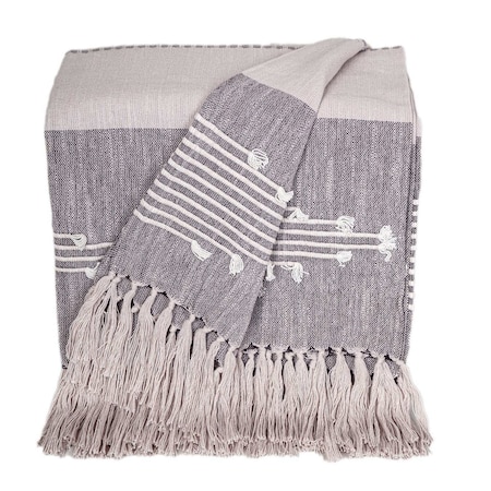 Homeroots 50" X 60" Gray Woven Cotton Striped Throw Blanket with Tassels and Embroidery 548935