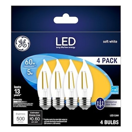 Ge Decorative LED Light Bulb, Bent Tip, CA11 Lamp, 60 W Equivalent, E26 Dimmable, Clear, PK4 93129342