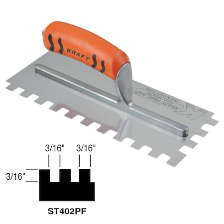 Kraft Tool s 3/16" x 3/16" x 3/16" Square-notch Trowel with ProForm Handle ST402PF