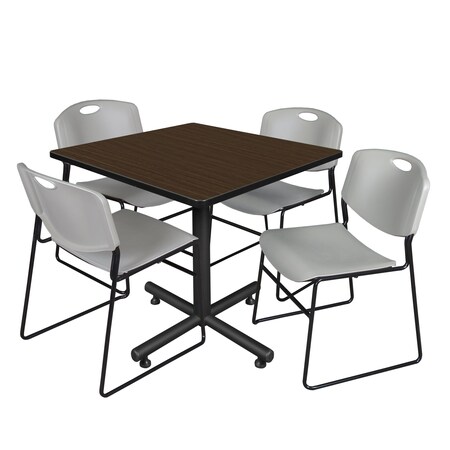 Regency Square Kobe Breakroom Table W/ 4 Zeng Stack Chairs, 42 in W, 42 in L, Neo Walnut TKB4242NW44GY
