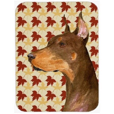Carolines Treasures 12 x 15 in. Doberman Fall Leaves Portrait Glass Cutting Board- Large SS4388LCB