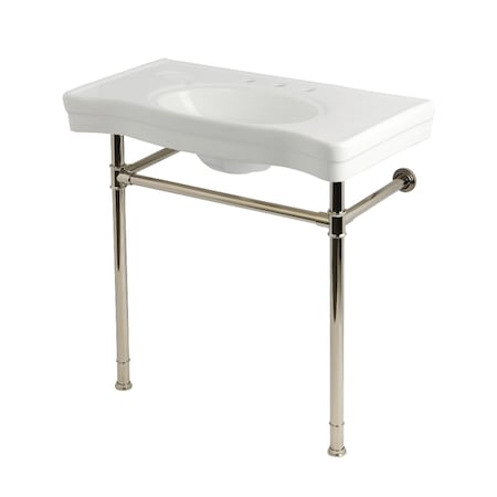 Kingston Brass 36" Ceramic Console Sink with Stainless Steel Legs, 8-Inch, 3-Hole, White/Polished Nickel KVPB36198W386