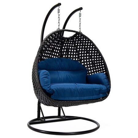 Leisuremod Mendoza Charcoal Wicker Hanging 2 person Egg Swing Chair with Blue Cushions MSCCH-53BU