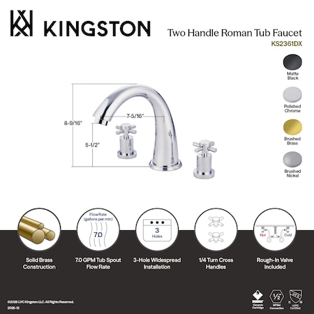 Kingston Brass Two-Handle Deck Mount Roman Tub Faucet, Matte Black KS2360DX