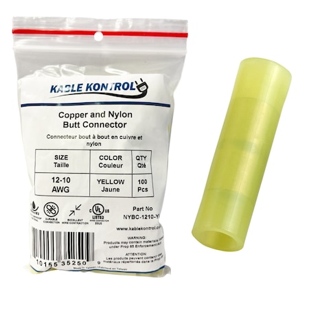 Kable Kontrol Butt Splice Wire Connector, 10 AWG Max, Yellow, 100 PK NYBC-1210-YL