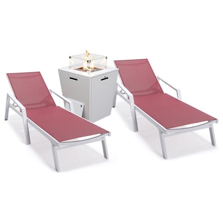 Leisuremod Marlin White Aluminum Patio Chaise Lounge Armchair Set of 2 with Square Fire Pit Table, Burgundy MLAWCF21-77BRG2