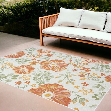 Homeroots 8' X 10' Ivory Green and Orange Floral Stain Resistant Indoor Outdoor Area Rug 548897
