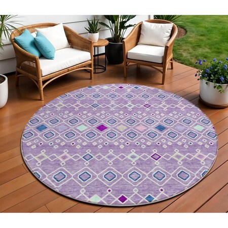 Homeroots 8' Lavender Ivory And Blue Round Geometric Washable Indoor Outdoor Area Rug 612198