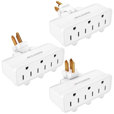 Maximm 180 degrees Swivel 3-Outlet Extender Wall Plug Adapter, ETL Listed, 3PK, White, 3PK LA-22-WH-3PK