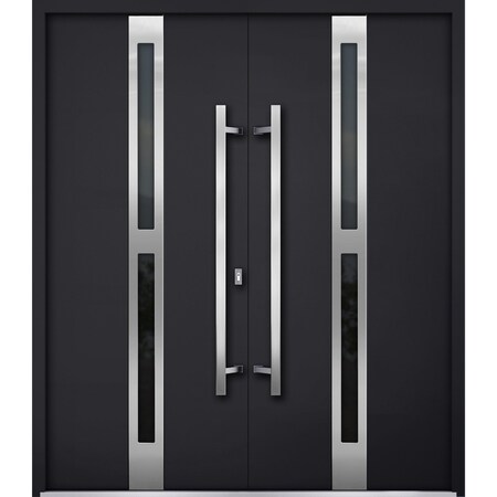Vdomdoors Steel Double Doors Deux 1755 Black Enamel Stainless Inserts Single Modern Painted-W72xH80 DEUX1755DEXD-BLK-W72 x H80-LH
