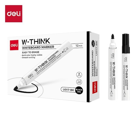 Deli EVERYU Dry-Erase Marker, Bullet Tip, Black, High-Capacity, 12PK EU017-BK
