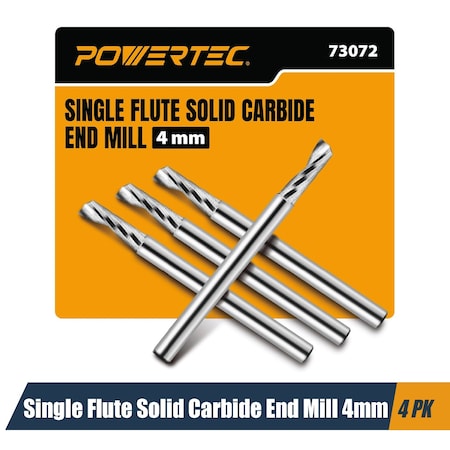 Powertec CNC Single Flute Solid Carbide End Mill, 4mm Cut Dia., 12mm L, 4mm Shank, Up-Cut Router Bits, 4PK 73072