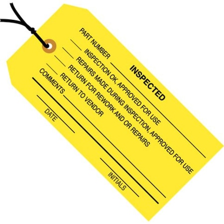 Partners Brand TagStrungInspected, 4-3/4"x2-3/8", PK1000, 13 Point Cardstock, 4 3/4" W, Yellow, 1000 PK G20062