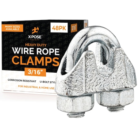 Xpose Safety Wire Rope Clamp for Stainless Steel 3/16in Galvanized U Bolt Cable Clips, 48PK GCC316-48-X-S