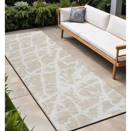 Homeroots 8' Runner Beige and Ivory Abstract Washable Non Skid Indoor Outdoor Runner Rug 559227
