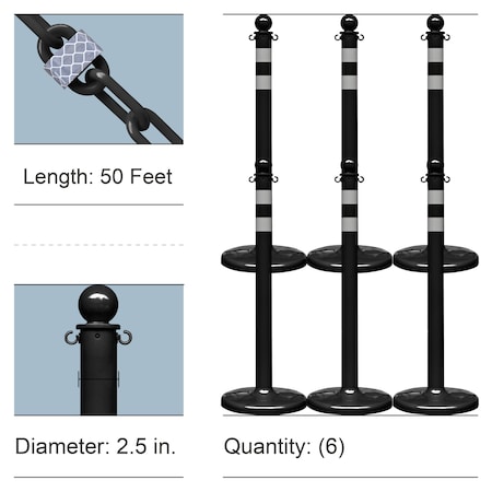 Mr. Chain Black Reflective Medium Duty Stanchions and Reflective Chain 72150-6