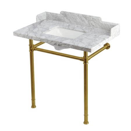 Kingston Brass 36-Inch Carrara Marble Console Sink with Stainless Steel Legs, 8-Inch, 3-Hole KMS36227M38SQ7