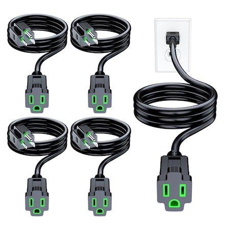 Maximm 3ft 16AWG Indoor Extension Cord w/ Green Indicators, 5PK, Black, 5PK IGR-LA004K-LA005H-5pk-03