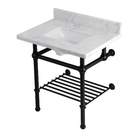 Kingston Brass 30-Inch Carrara Marble Console Sink with Brass Legs and Shelf, 8-Inch, 3-Hole KVPB3030MBSQB5