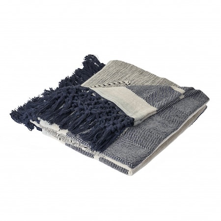 Homeroots 60" X 50" Black and Blue Woven Cotton Striped Throw Blanket with Tassels 516620
