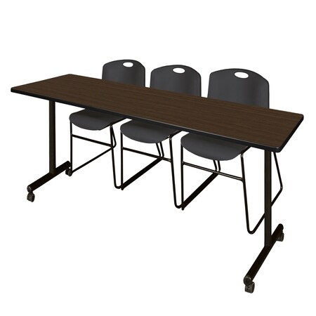 Regency Kobe Mobile T-Base Training Table W/ 2 Zeng Stack Chairs, 84 in W, 24 in L, Neo Walnut MKTRCC8424NW44BK