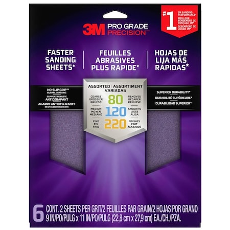 3M 9" x 11" 3M SHRASST-PGP-6T Pro Grade Precision Sanding Sheets, Assorted Grits, 6-Pack GFAS250022-5