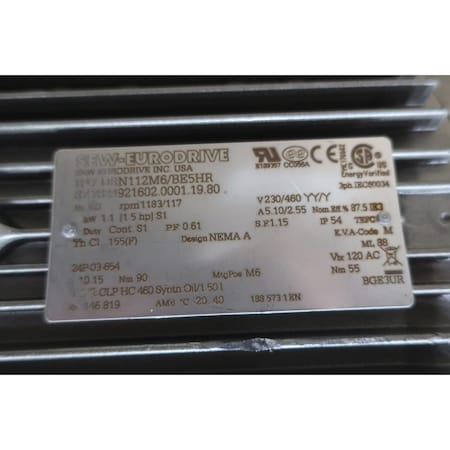 Sew Eurodrive GEARMOTOR 117RPM 1.5HP 230/460V-AC 3PH R47 DRN112M6/BE5HR