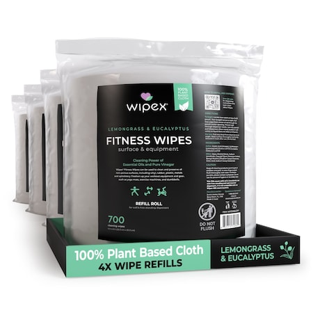 Wipex Plant-Based Fitness Wipes Lemongrass Eucalyptus 700ct Refills, 2800 Natural Gym Equipment Wipes, 4PK WX72302LERP-4