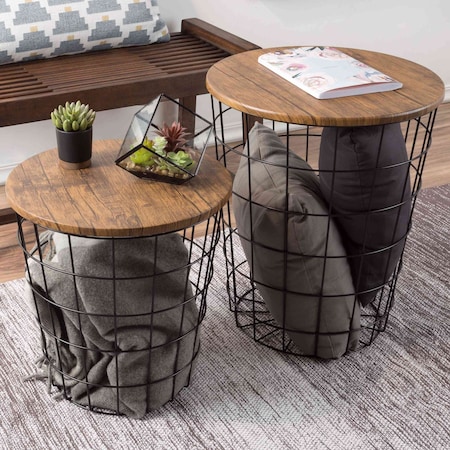Lavish Home Set of 2 End Tables Nesting Tables with Removable Wood Tops, Metal Wire Baskets Round Side Furniture 80-ENDTBL-2