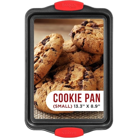 Bakkenmaster Small Nonstick Cookie Sheet, Carbon Steel w/ Gray Coating, Red Silicone Handles, Oven Safe BKSINSML