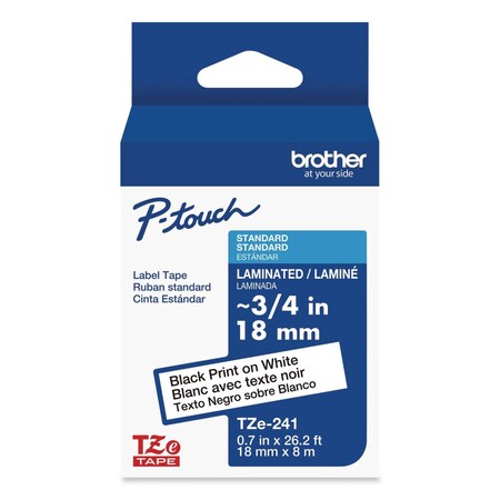 Brother TZe Adhesive Laminated Labeling Tape, 0.7x26.2 ft, Black on White TZE241