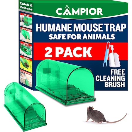 Campior Humane Mouse Trap, Large, No-Kill, Indoor, Pet Safe, Easy Clean, No-Touch Release, Green, 2PK CMPMO8SGR52