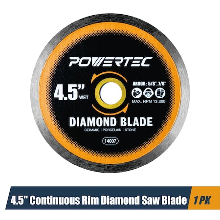 Powertec 4-1/2in Continuous Rim Diamond Saw Blade for Angle Grinder, Cutting Ceramic, Porcelain 14007