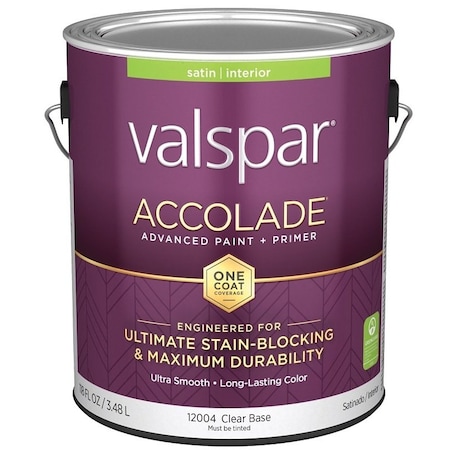 Valspar Accolade 1200 Latex Paint, Acrylic Base, Satin, Clear Base, 1 gal, Plastic Can 028.0012004.007