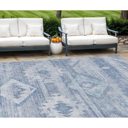Homeroots 8' X 10' Denim Blue And Sky Blue Southwestern Washable Indoor Outdoor Area Rug 588699