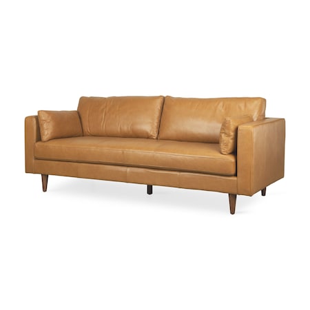 Homeroots 88" Tan Leather Sofa And Toss Pillows With Brown Legs 607329