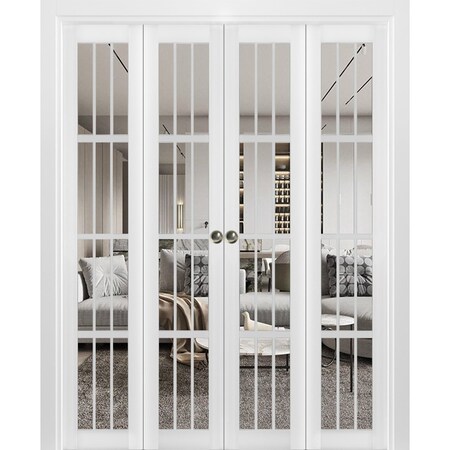 Sartodoors Sliding Closet Double Bi-fold Doors, Felicia 3355 White Silk with Clear Glass, Sturdy Tracks Moldi FELICIA3355DBF-WS-72 x 96 (4* 18x96)