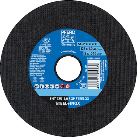 Pferd Cut-Off Wheel, Type 1, 5 in Dia, 0.040 in Thick, 7/8 in Arbor Hole Size, Aluminum Oxide 69855