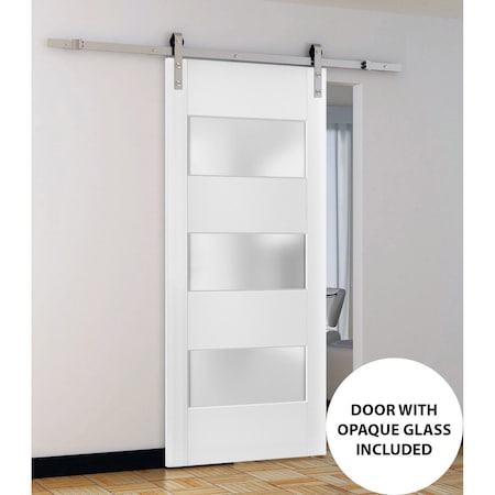 Sartodoors Sturdy Barn Door 3 Lites with Hardware, Lucia 4070 White Silk with Frosted Glass, 6.6FT Rail Hanger LUCIA4070BD-S-WS-18