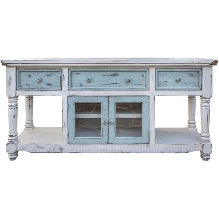 Homeroots 70" Blue and White Solid Wood Open shelving Distressed TV Stand 528735