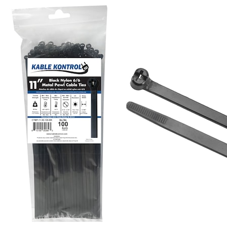 Kable Kontrol Metal Pawl Cable Ties, 11 in L, 3.18 in Max Bundle Dia., Black, Nylon 6-6 + Stainless Steel, 100 PK ctmp-11-50-100-bk