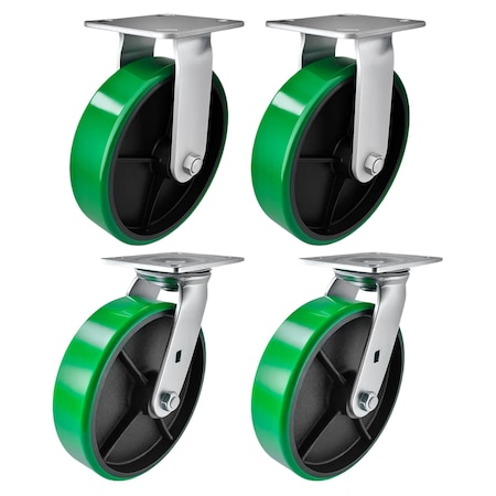 Hyw Products Heavy Duty Caster Set 8in Green Polyurethane on Cast Iron Wheels, 2 Rigid & 2 Swivel, 4PK 40-80R-A1-PC-2,40-80S-A1-PC-2 (G)