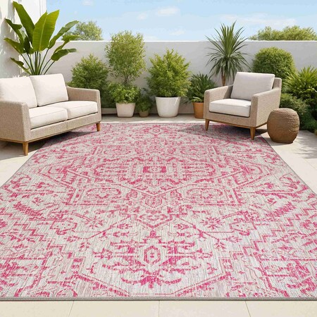 Jonathan Y Estrella Bohemian Medallion Textured Weave Light Gray/Fuchsia 9 ft. x 12 ft. Indoor/Outdoor Area Rug SMB105F-9