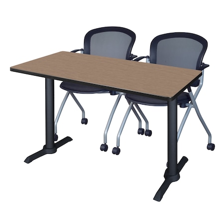 Regency Cain T-Base Training Seminar Table W/ 2 Cadence Stack Chairs, 48 in W, 24 in L, Noble Oak MTRCT4824NO23BK