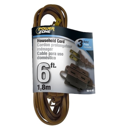 Powerzone SPT-2 Extension Cord, 16 AWG, Indoor, 16/2, 3 Outlets, Brown, 6 ft EC670606