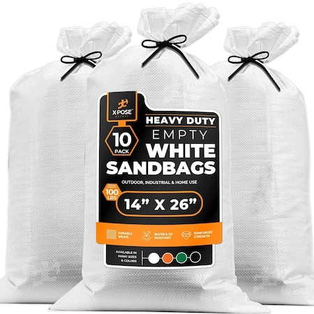 Xpose Safety Woven White Polypropylene Sandbags, 14x26 in, 100 lb Capacity, Reusable Flood Protection, 10PK SBW-HVY-1426-10-X