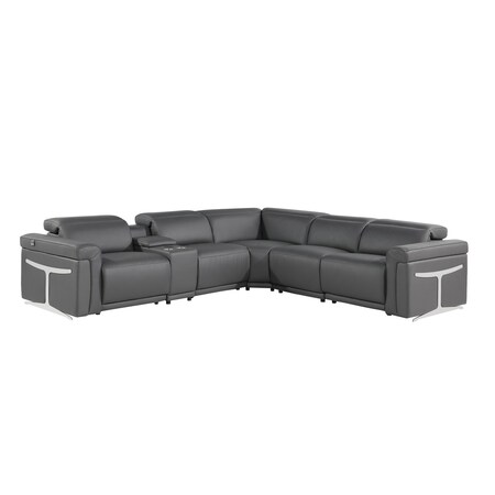 Homeroots Gray Italian Leather Modular L Shaped Six Piece Corner Sectional With Console 534865