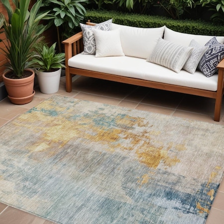 Homeroots 10' X 14' Linen Teal Blue And Copper Abstract Washable Indoor Outdoor Area Rug 605523
