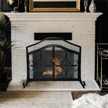 The Urban Port 43 in. Mesh Design Scrollwork 2 Door Iron Fireplace Screen, Black UPT-232048