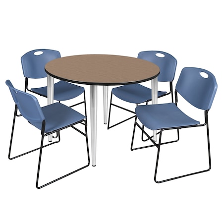 Regency Round Kahlo Breakroom Table W/ 4 Zeng Stack Chairs, 48 in W, 48 in L, Noble Oak TPL48RNDNOCM44BE